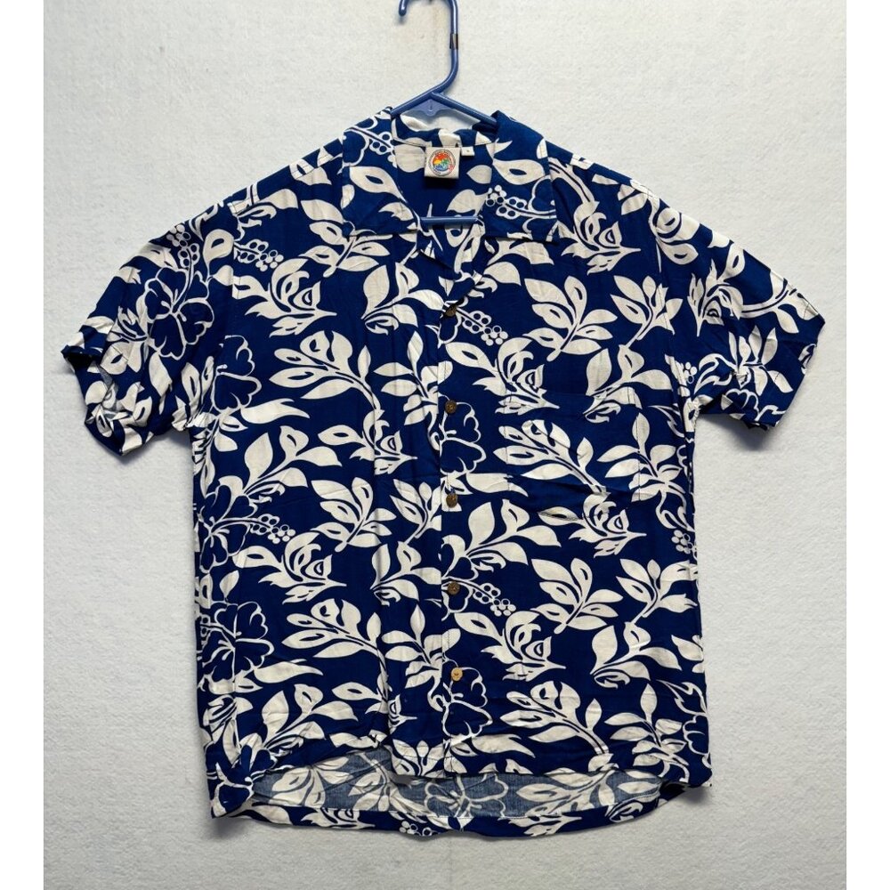 Vintage Makai Beach Hawaiian Shirt S Blue & White Floral Pattern 100% Rayon